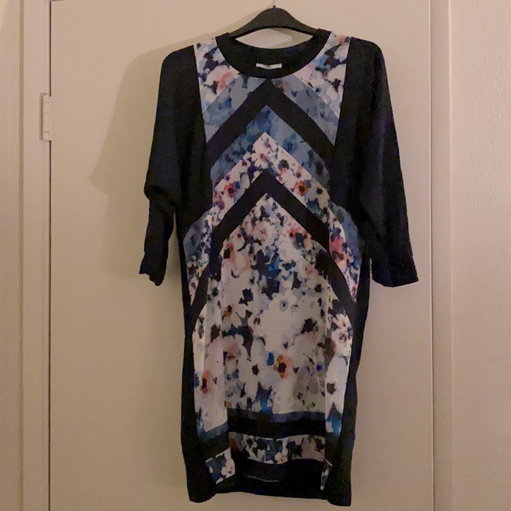 Zara midi dress with floral chiffon panel at the front and black T-shirt back.
